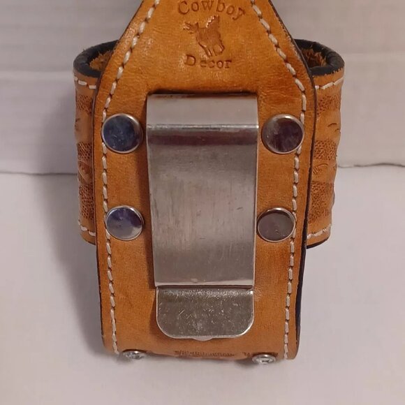 VTG Tooled Brown Tan Leather Western Cowboy Decor Flip Phone Holster Belt Clip - Picture 5 of 11